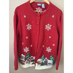 Holiday Edition Women’s L Red Christmas Cardigan Embroidered Sweater Festive